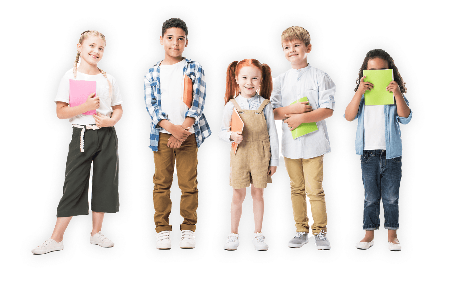 Kids standing in front of a white background
